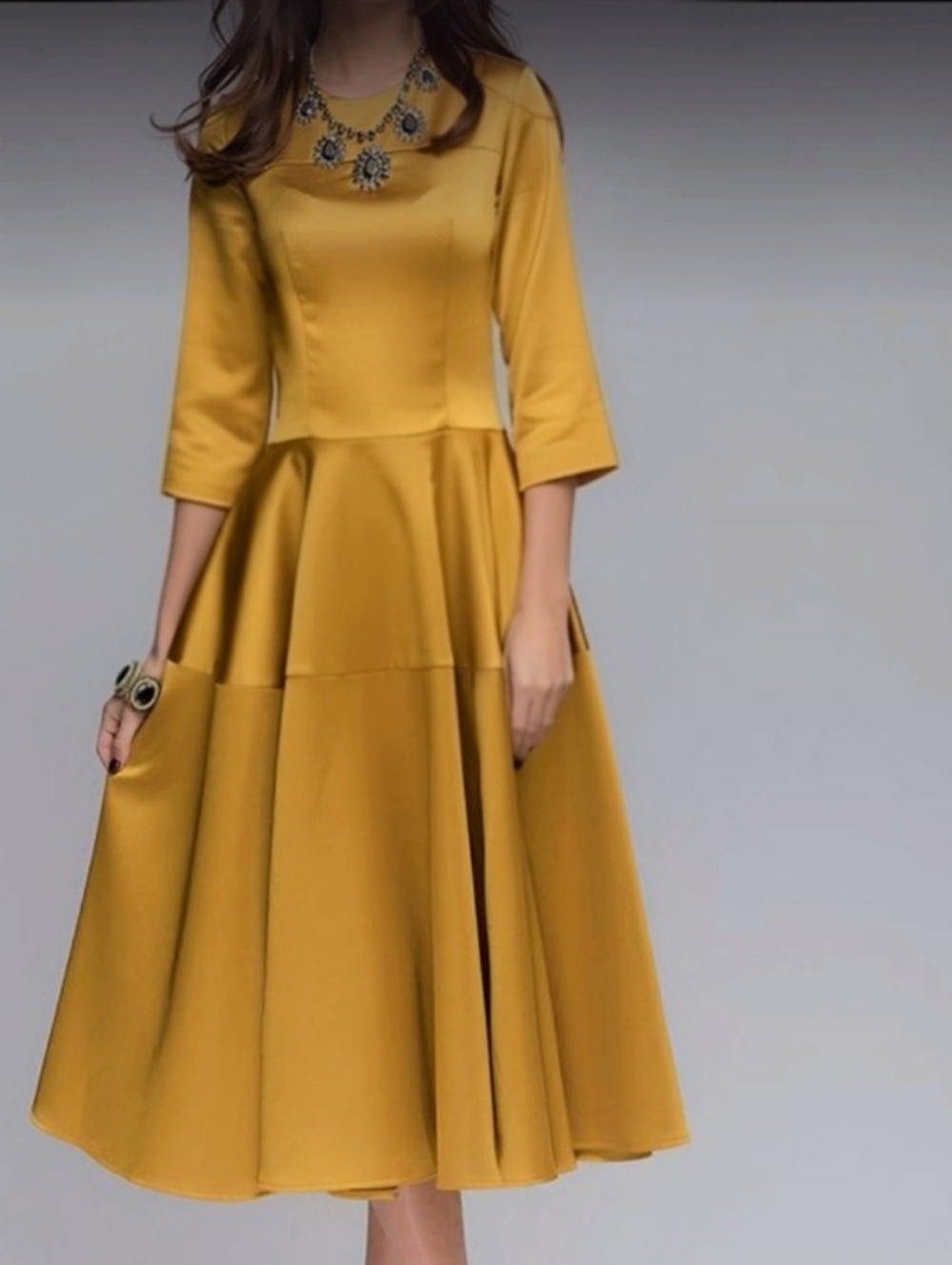 Mustard Flared Dress Retro Style Tea Length - L/XL